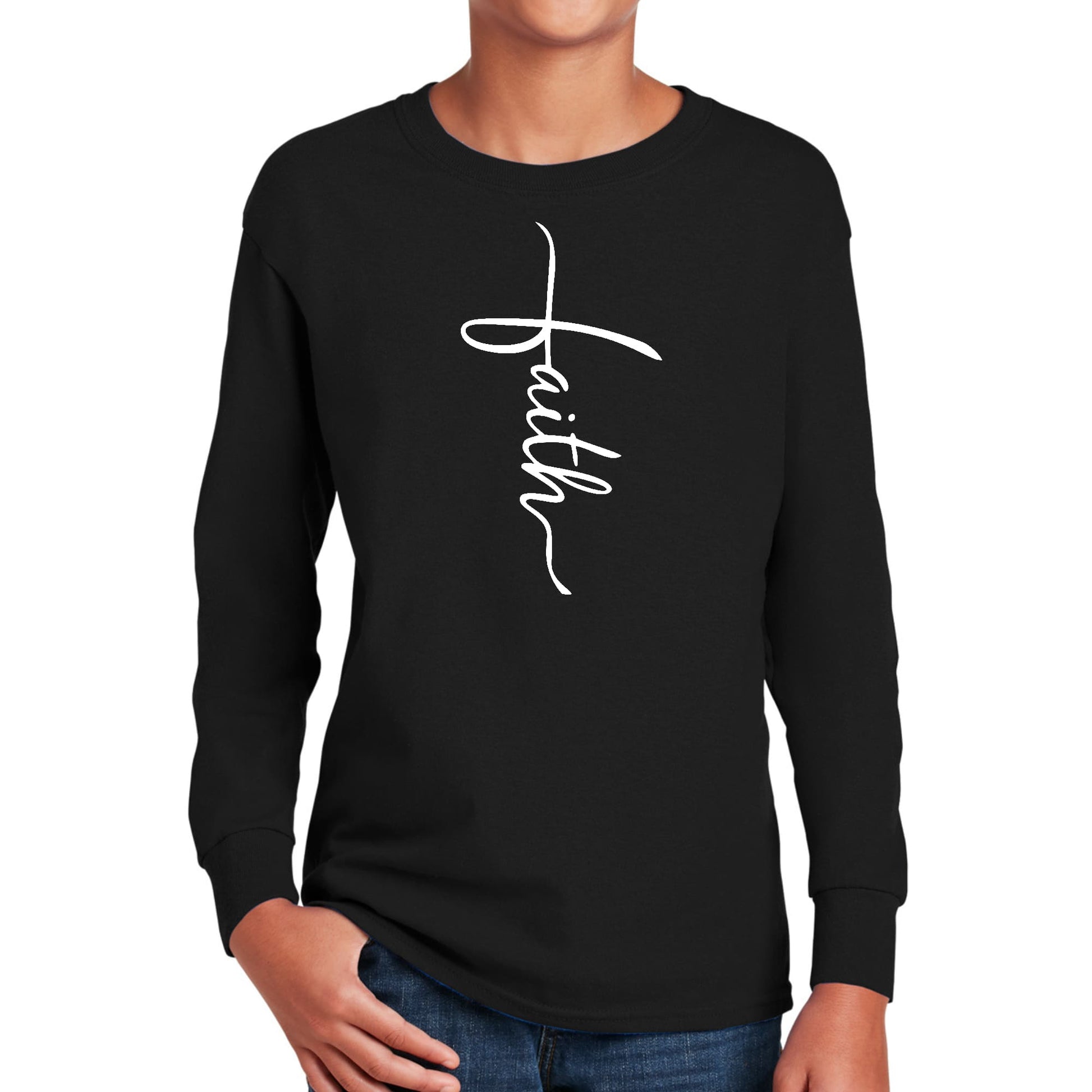 Youth Long Sleeve Graphic T-shirt - Faith Script Cross Illustration-0