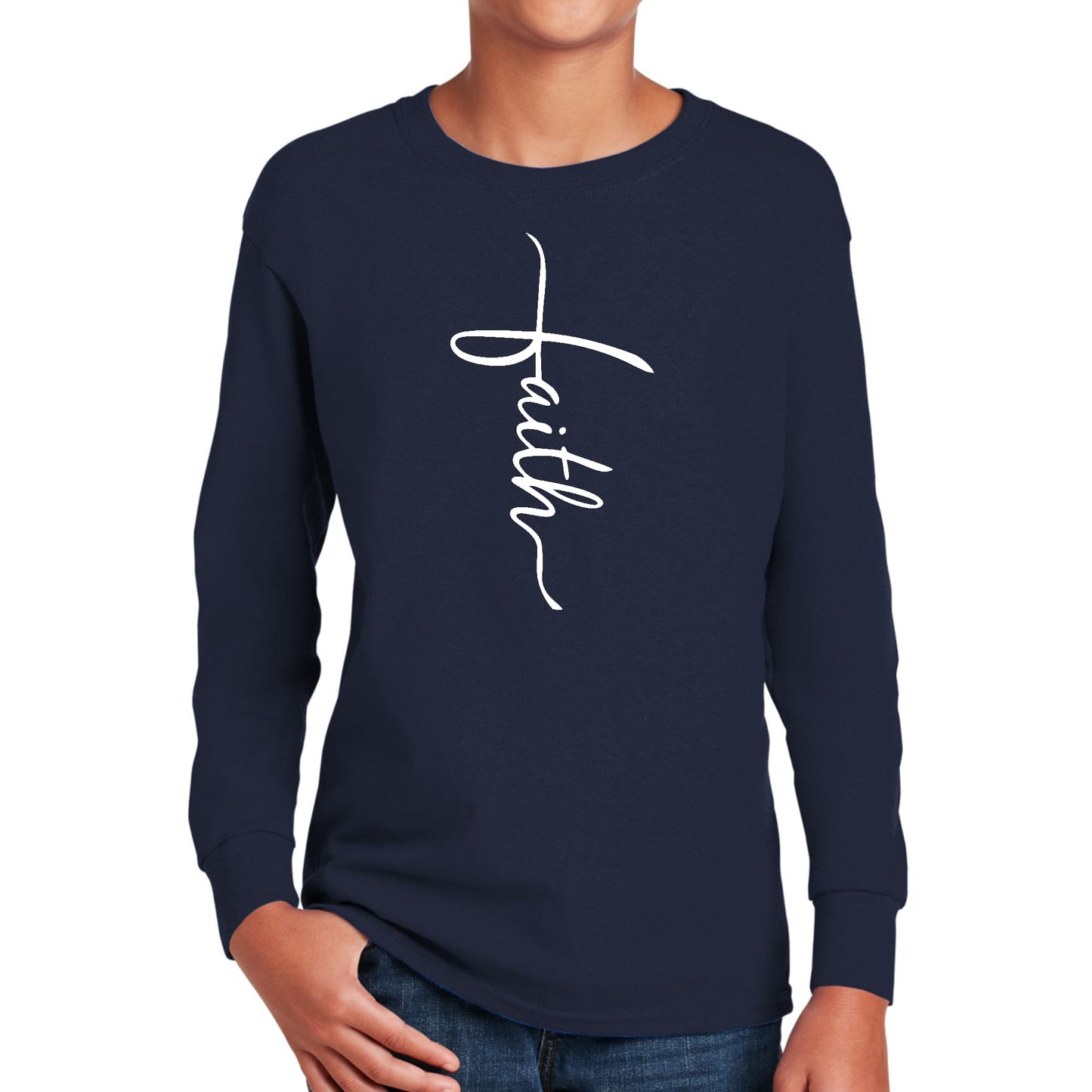 Youth Long Sleeve Graphic T-shirt - Faith Script Cross Illustration-1