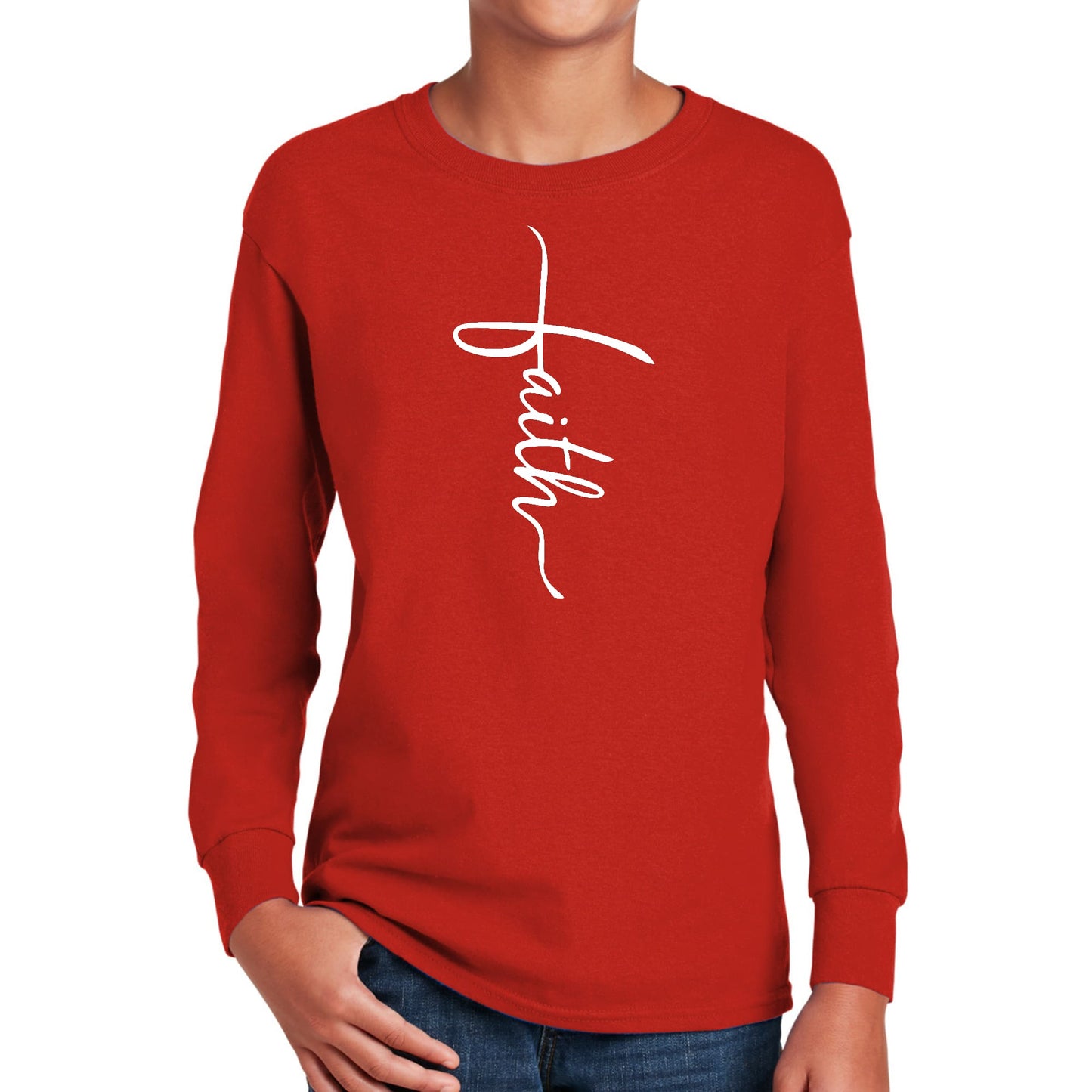 Youth Long Sleeve Graphic T-shirt - Faith Script Cross Illustration-2